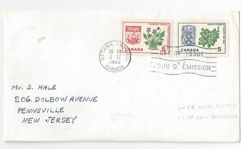 Canada FDC 1965 Provincial Flowers Coat of Arms Sc# 420 421