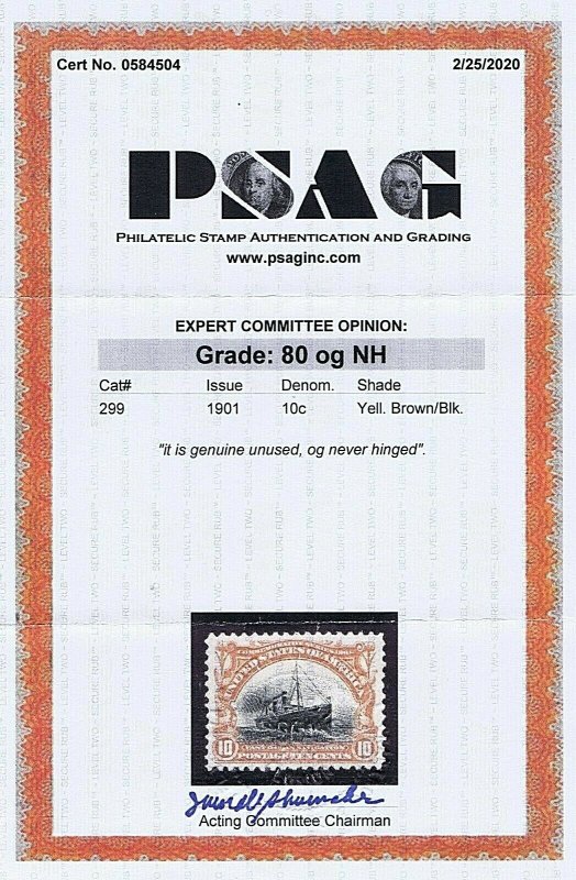 SC# 299 UNUSED OG MNH 10C FAST OCEAN NAVIGATION 1901 2020 PSAG CERT GRADED VF 80