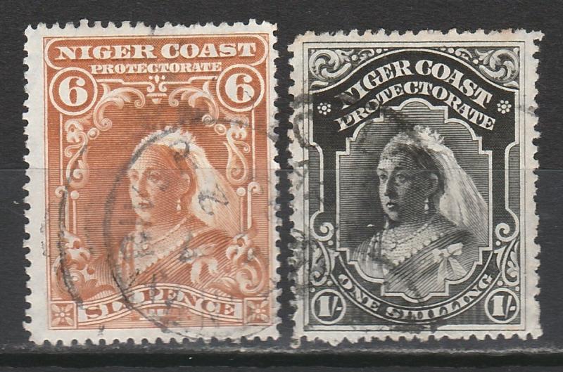 NIGER COAST 1897 QV 6D AND 1/- WMK CROWN CA USED 