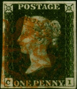 GB 1840 1d Penny Black SG2 Pl. 5 (C-I) Fine Used 4 Neat Even Margins Red MX