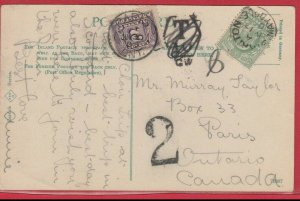 1909 J2 postage due son T2 from GB post card, to Canada