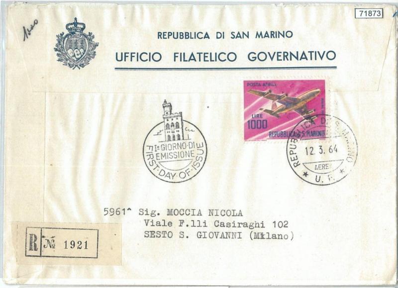 71873 - SAN MARINO - POSTAL HISTORY -  1964  AVIATION Airplane  FDC