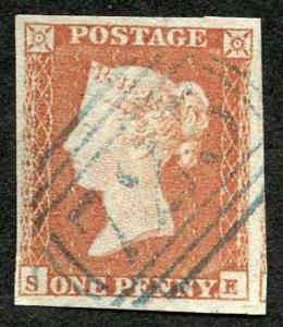 1841 Penny Red (SE) Plate 123 Superb Four Margin BLUE CANCEL