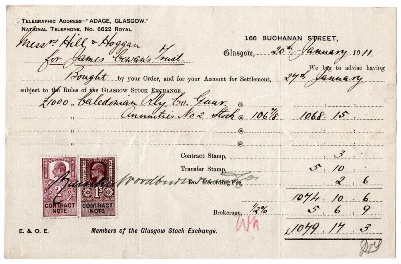 (I.B) Edward VII Revenue : Contract Note 3/- (Caledonian Railway) 