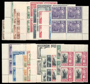 Malta 1938 KGVI set complete in blocks superb MNH. SG 217-231. Sc 191-205.