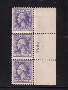 1918 Sc 530 3c purple MNH OG plate number strip of 3 (plate block CV $55) (A3