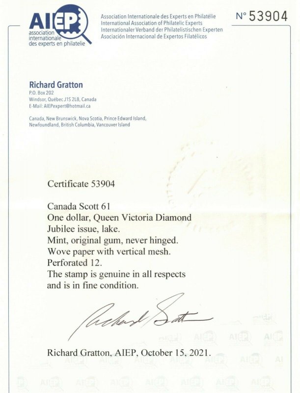 Canada #61 Mint Fine Never Hinged **With Certificate**