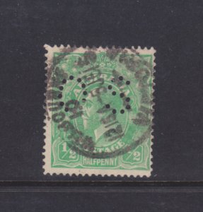 Australia Stamps: Official Perfins: #OB19; OS (8½mm); ½p 1914 KGV Issue