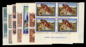 Greece #657-663 Cat$57.80, 1959 Red Cross, complete set in blocks of four, 3d...