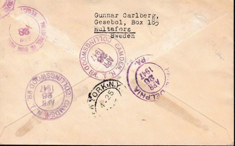 Sweden 1947 Registered Forwarded Cover Uppsala to Phil. Geijer Scott 383-385