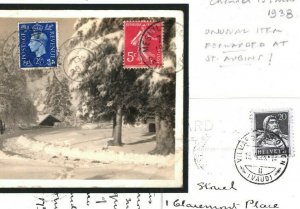 SWITZERLAND Card FORWARDED FRANCE & JERSEY Channel Islands View Side 1938 6.20