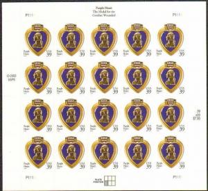 2006 39c Purple Heart, Medal for the Combat Wounded Scott 4032 Mint Sheet of 20