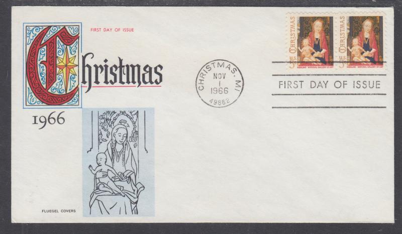 US Mel 1321-22 FDC. 1966 5c Christmas pair, Fluegel Color Cachet, VF