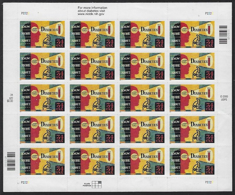 Catalog # 3503 Sheet of 20 Stamps Diabetes Awareness Medicine Doctors