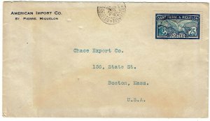 St. Pierre & Miquelon 1924 cancel on cover to the U.S., franked Scott 88