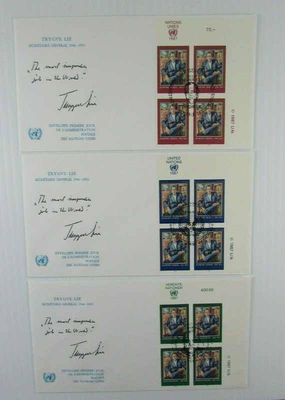 1987 UN 3 signed Trygve Lie FDC's Secretary General  CDS corner blocks