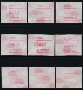 Australia 1987 Echidna Frama Labels, set of 9 - 37c