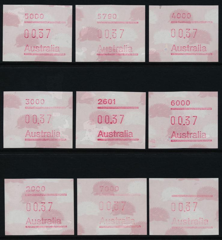 Australia 1987 Echidna Frama Labels, set of 9 - 37c