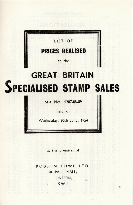 1954 Robson Lowe GB Stamp Auction Catalogue inc Photo Plates & Prices Realised