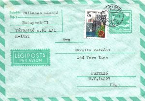 HUNGARY POSTAL STATIONERY ENVELOPE UPRATED INTERNATIONAL AIRMAIL TO BUFFALO 1986