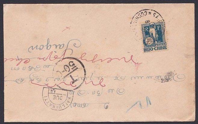 INDOCHINA 1928 cover ex India with 20c POSTAGE DUE pmkd Saigon.............87768