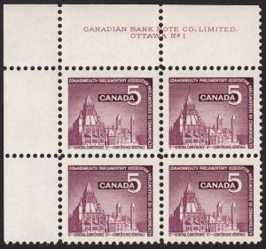 HISTORY = PARLIAMENT = Canada 1966 #450 MNH UL BLOCK of 4 PLATE 1 
