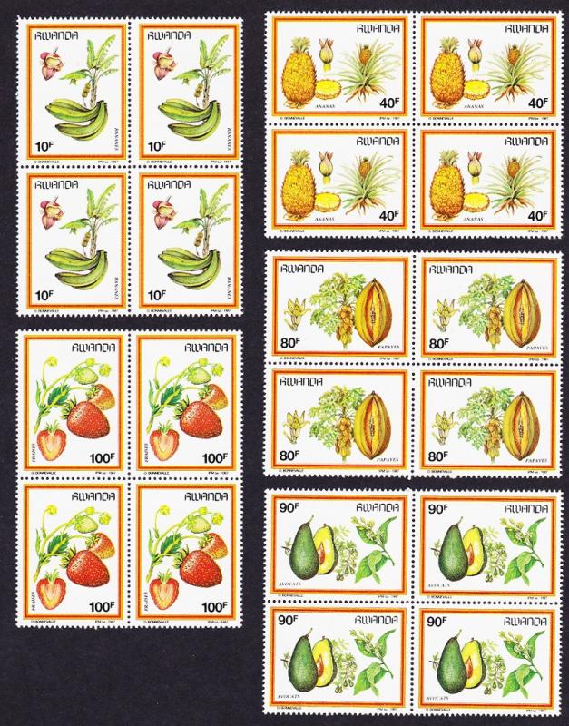 Rwanda Bananas Pineapple Papaya Avocado Strawberries Fruits 5v Blocks of 4