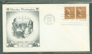 US 805 1938 1.5c Martha Washington (presidential/prexy series) pair on an unaddressed first day cover with a Historic Arts cache