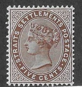 Straits Settlements Sc #46 5c brown OG VF