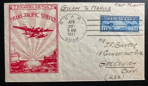 1937 Guam Island USA First Fight Airmail Cover FFC To Greenwich CT USA