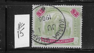 MALAYA SCOTT #15 1900 $2 (GREEN/CARMINE ROSE) WMK 1- USED