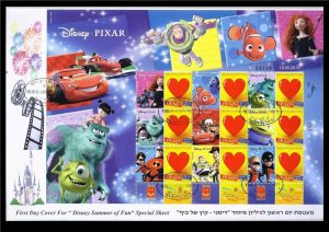 ISRAEL STAMP 2013 DISNEY SUMMER OF FUN SHEET ON FDC PIXAR MOVIES NEMO CARS TOY