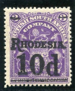 Rhodesia 1909 KEVII 10d on 3s deep violet (black ovpt) MLH. SG 117. Sc 91.