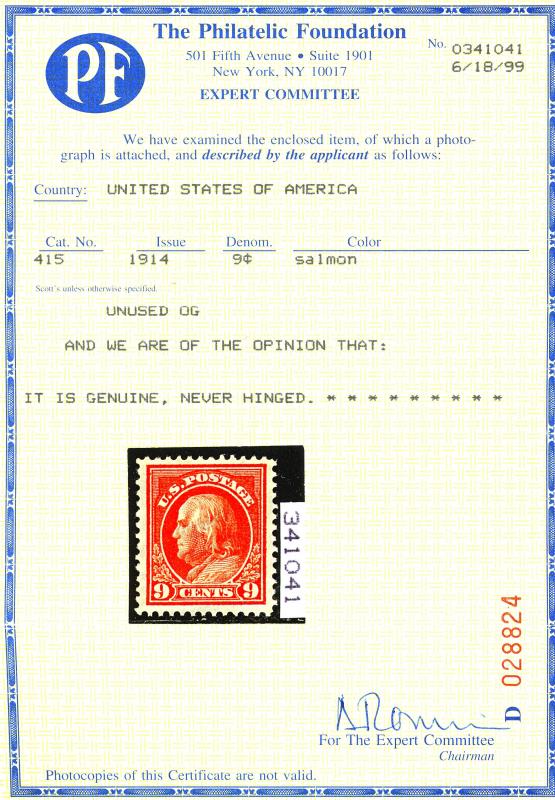 U.S. #415 MINT OG NH PF Cert