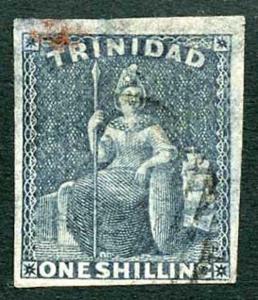 Trinidad 1859 (May) SG29 1/- indigo Four Margins (thinned) Cat 350 pounds