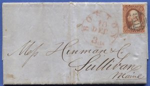 US 1851 3c Orange-Brown, VF Scott 10A  on cover, Boston to Sullivan, Maine VF