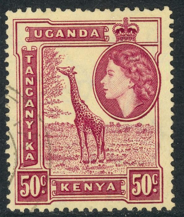 KENYA UGANDA TANGANYIKA 1954-59 QE2 50c GIRAFFE Pctorial Sc 110 VFU