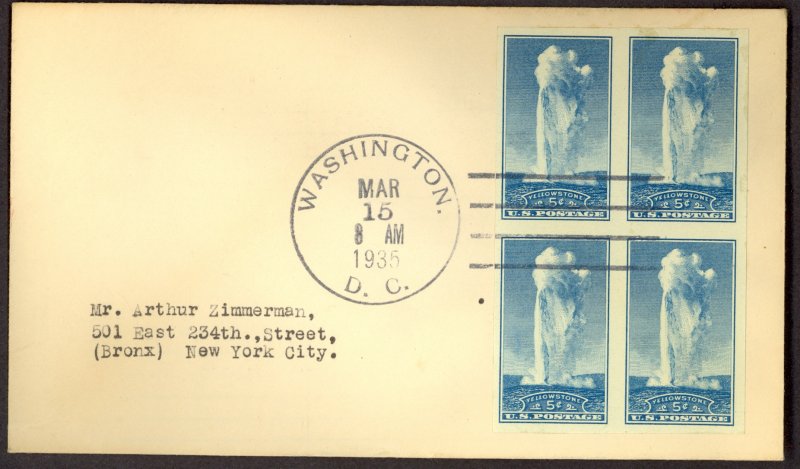 USA 1935 5c YELLOWSTONE NATIONAL PARKS Block of 4 FDC Sc 760