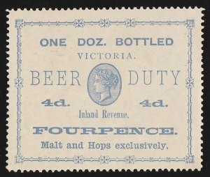 VICTORIA Beer Duty 1895 QV 4d Malt & Hops Exclusively 1 Dozen Bottled laid paper