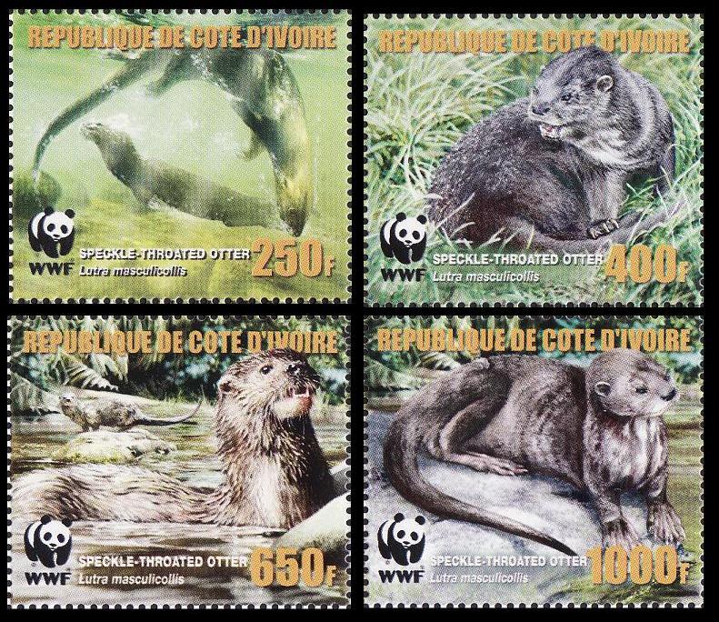 Ivory Coast WWF Speckle-throated Otter 4v 1st print with error MI#1349-1352A