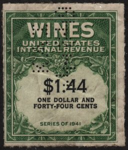 RE147 $1.44 Wine Revenue Stamp (1942) Perfin