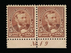 SCARCE GENUINE SCOTT #223 VF-XF MINT OG NH 1890 ABNC 5¢ CHOCOLATE PLATE #49 PAIR