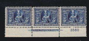 US 330 5c Jamestown Exposition Bottom Mint Plt#3560 Strip of 3 F-VF OG H SCV$450