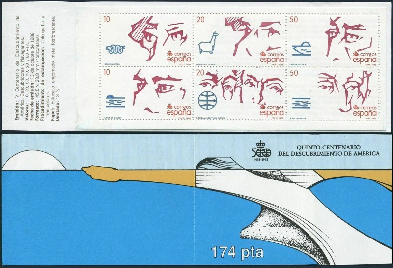 Spain 2574-2579a booklet,MNH. Discovery of America,500.1988.Conquerors,explorers