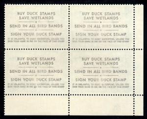 U.S. #RW46 Superb-98 Plate Block of 4 Federal Duck Stamp Green Winged Teal, MNH
