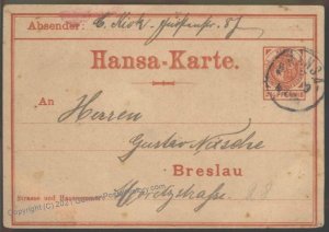 Germany 1899 BRESLAU HANSA Local Private Stadtpost GS Postal Card Cover U 102404