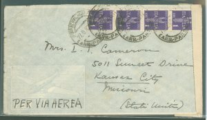 Italy  1940 Censor cover to US, 1 lire airmail mutiple