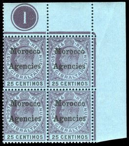Morocco Agencies 1903 KEVII 25c in a NE corner Plate 1 block of four MNH. SG 20.
