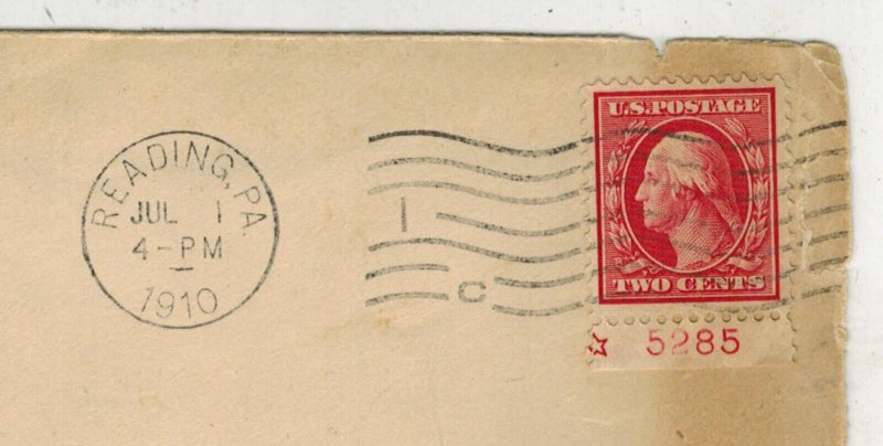 1910 READING PENNSYLVANIA #1 GEORGE WASHINGTON 2c RED #344 PLATE # SINGLE