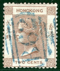 HONG KONG QV Classic Stamp SG.1 2c Brown (1862) Used BLUE Numeral c£120+ SBLUE1